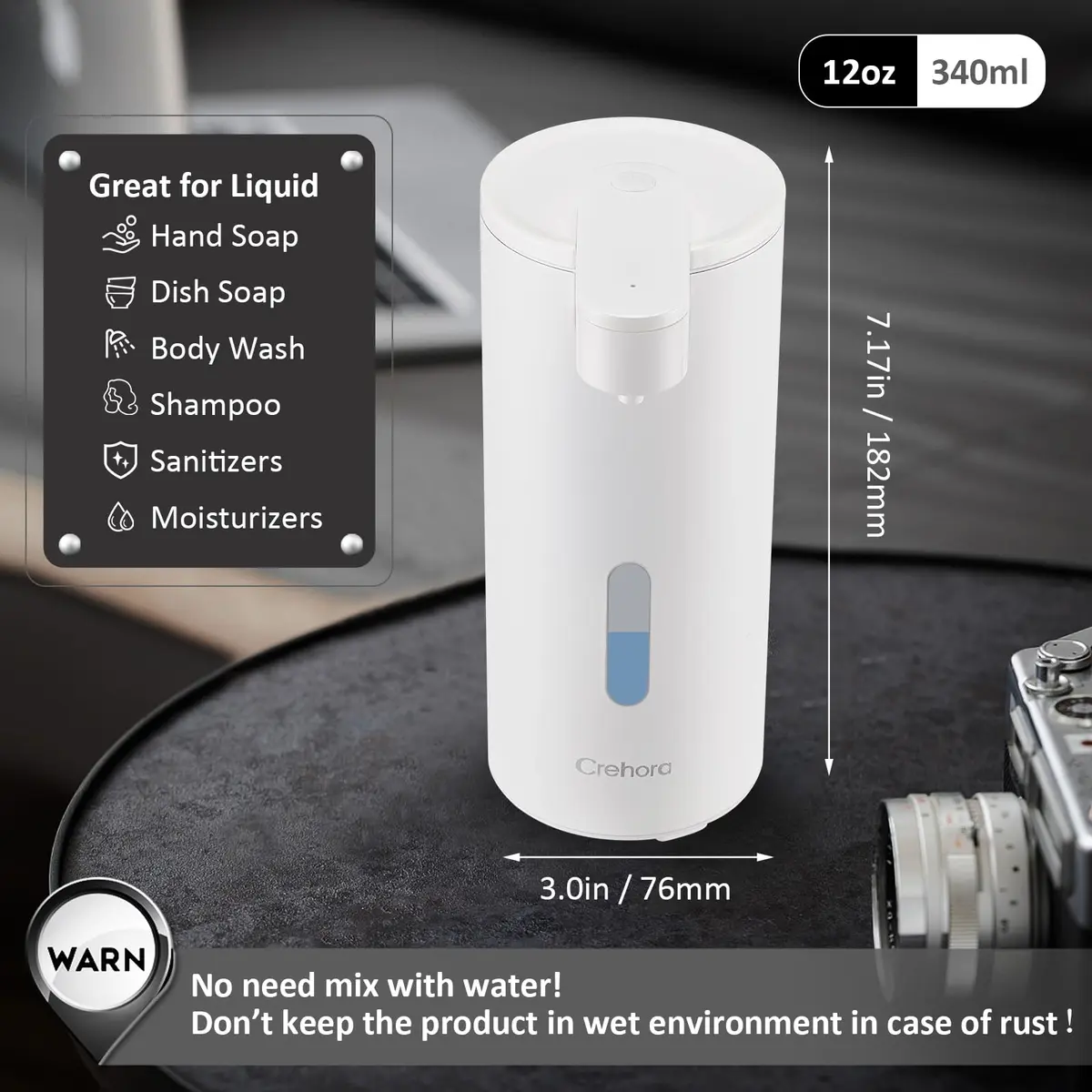 Crehora Automatic Soap Dispenser Touchless, 340ml (12oz) | Hygienic Hands-Free Dispensing for Bathrooms & Kitchens - view 4