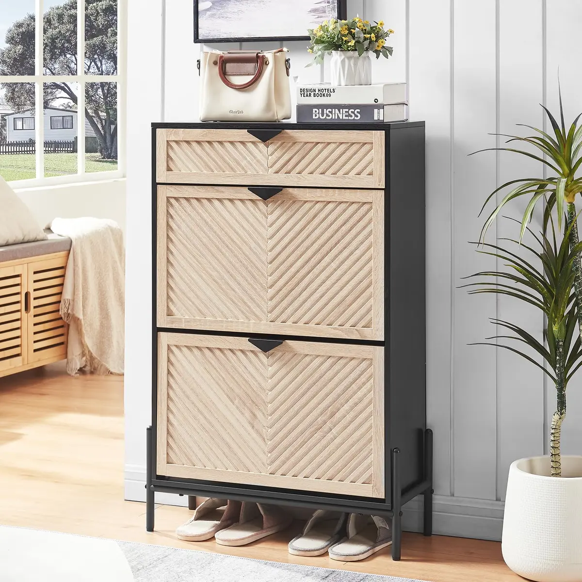 VIPLUMI Shoe Cabinet with 2 Flip Drawers | Narrow Entryway Storage in Oak&Black - main product image