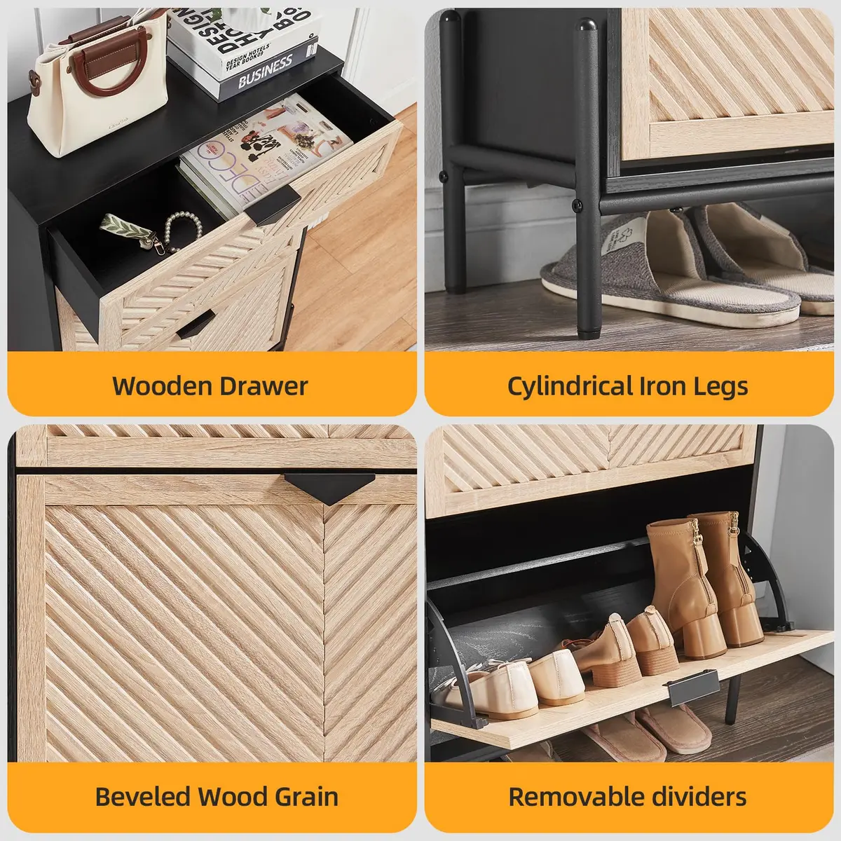 VIPLUMI Shoe Cabinet with 2 Flip Drawers | Narrow Entryway Storage in Oak&Black - view 6