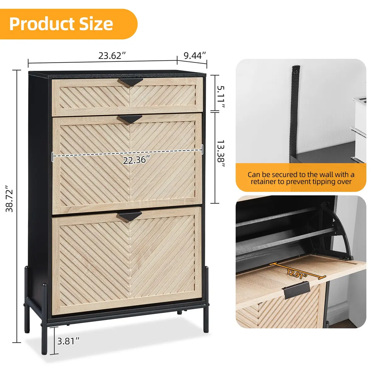 VIPLUMI Shoe Cabinet with 2 Flip Drawers | Narrow Entryway Storage in Oak&Black - view 7