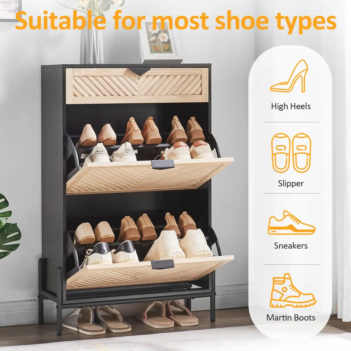VIPLUMI Shoe Cabinet with 2 Flip Drawers | Narrow Entryway Storage in Oak&Black - view 2