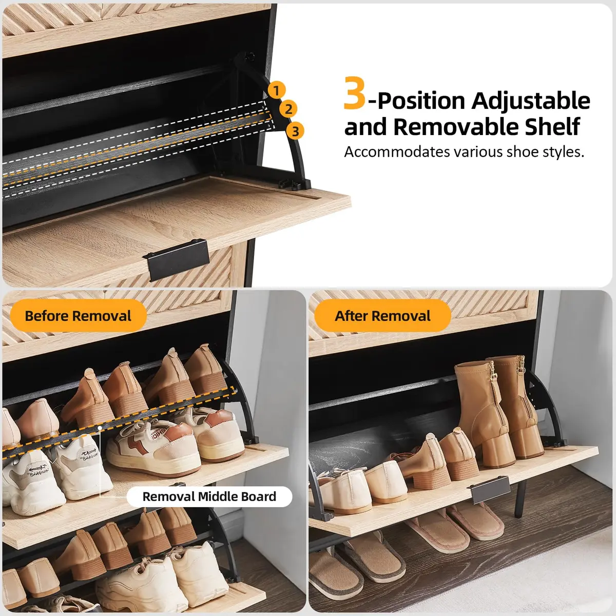 VIPLUMI Shoe Cabinet with 2 Flip Drawers | Narrow Entryway Storage in Oak&Black - view 3