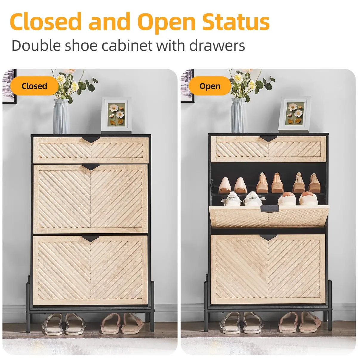 VIPLUMI Shoe Cabinet with 2 Flip Drawers | Narrow Entryway Storage in Oak&Black - view 4