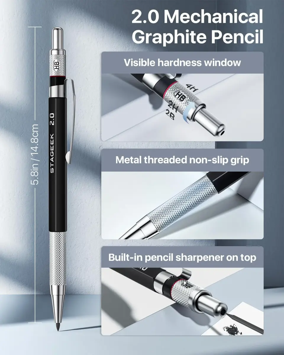 STAGEEK Mechanical Pencil Set with Case, 34PCS | 0.5mm, 0.7mm, 0.9mm, 2.0mm Leads & Erasers - view 5
