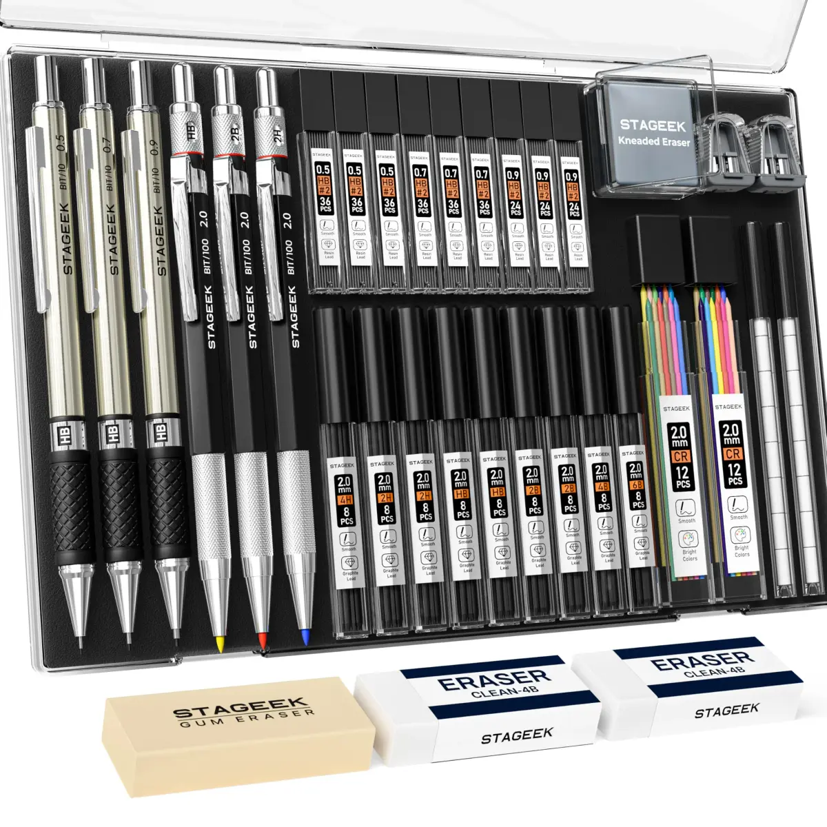 STAGEEK Mechanical Pencil Set with Case, 34PCS | 0.5mm, 0.7mm, 0.9mm, 2.0mm Leads & Erasers - main product image