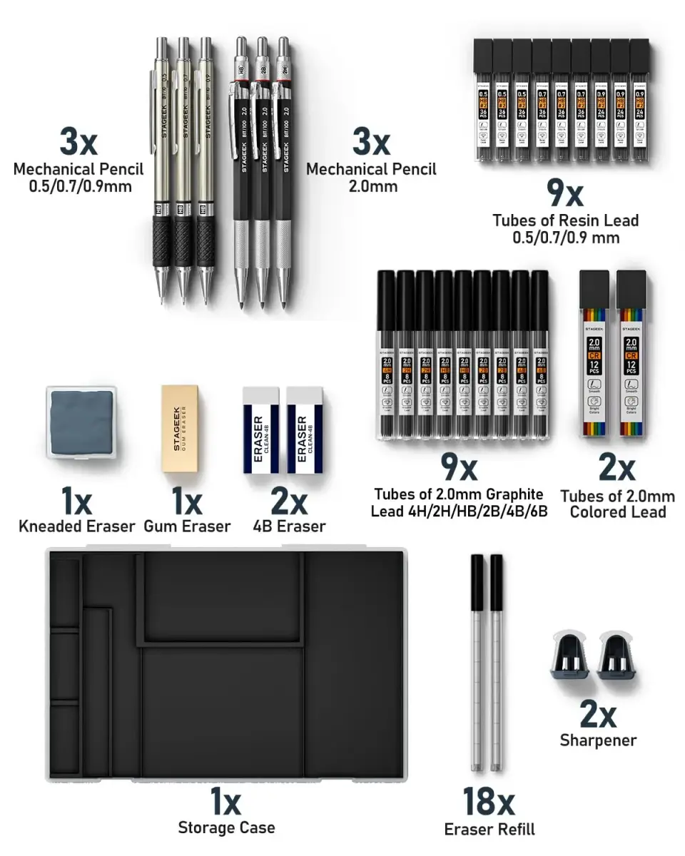 STAGEEK Mechanical Pencil Set with Case, 34PCS | 0.5mm, 0.7mm, 0.9mm, 2.0mm Leads & Erasers - view 7