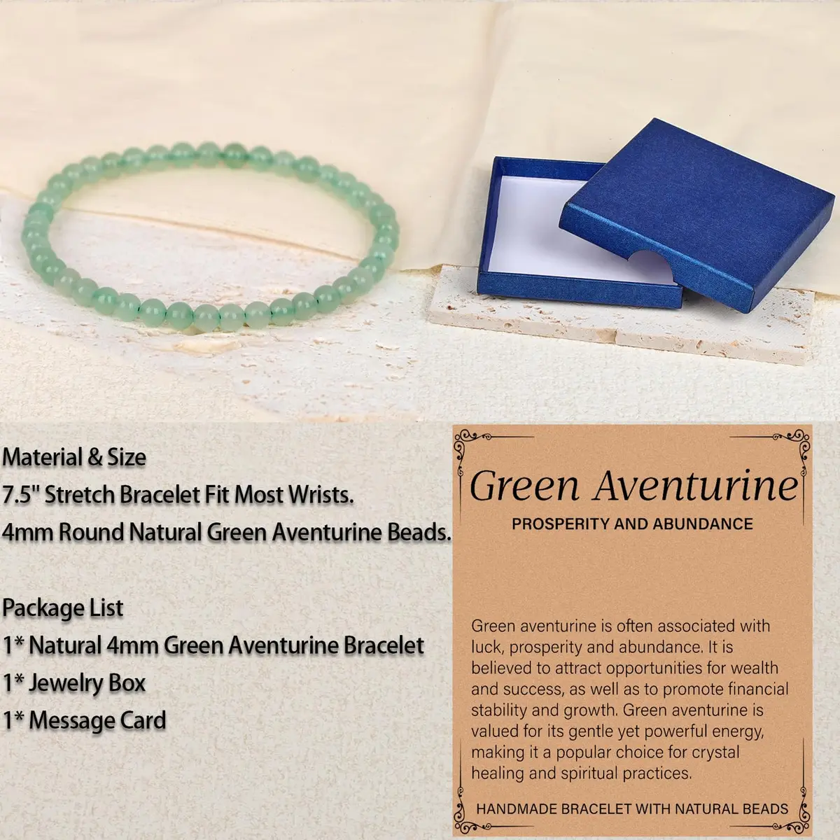 LPBeads Natural Green Aventurine Gemstone Stretch Bracelet 4mm Round Beads | Healing Crystal Jewelry for Women Men - view 4