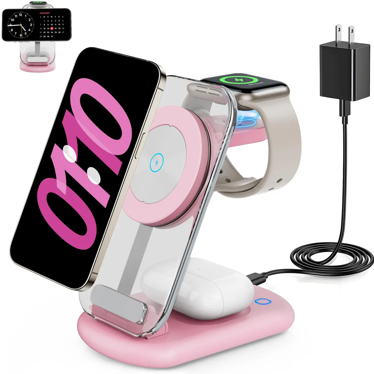 RYND Travel Wireless Fast Charging Station | 3-in-1 Magnetic Charger with Light for iPhone16/15/14/13/12, Apple Watch & AirPods (Pink) - main product image