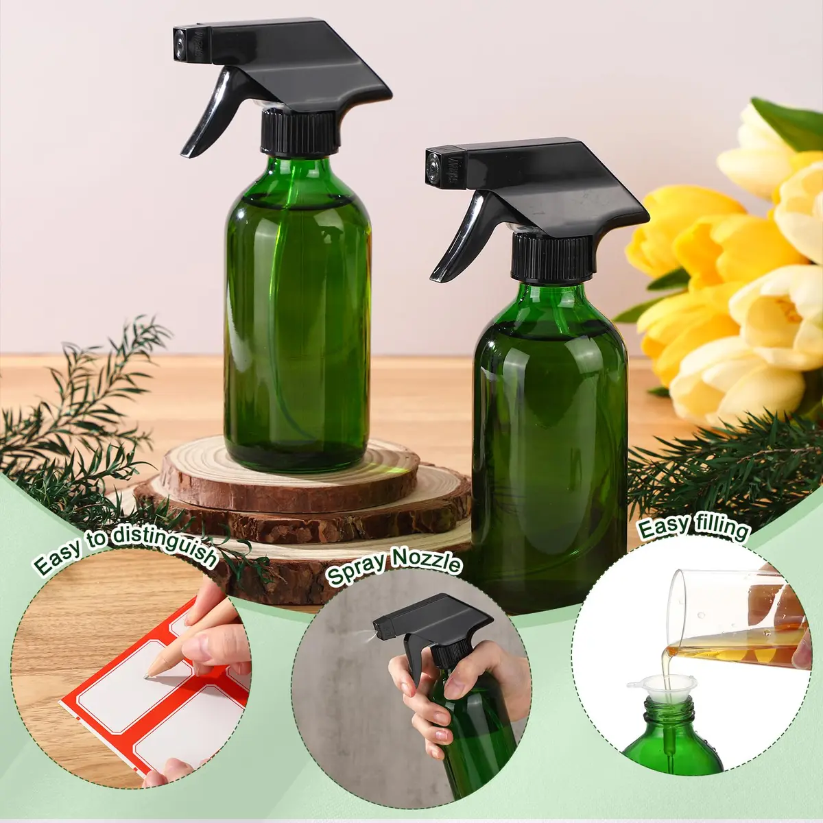 Norme 8 oz Glass Spray Bottle Set with Funnels Labels | Refillable, Portable & Multi-Purpose (70-120 chars) - view 3
