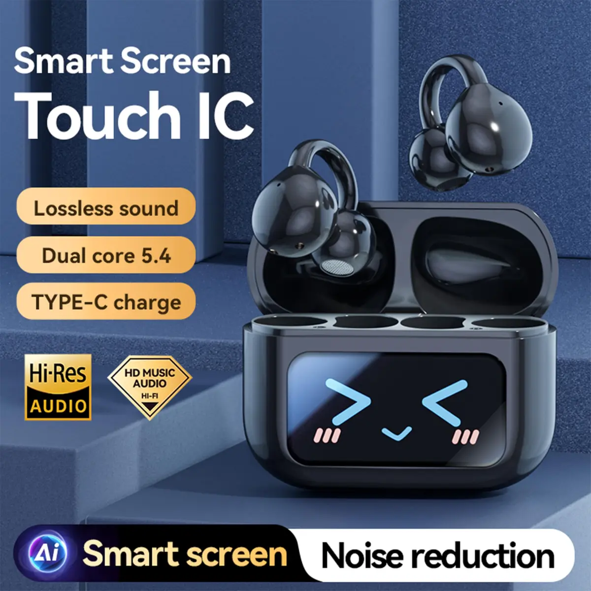 MAcnas Open Ear Clip Headphones Wireless Earbuds Bluetooth 6.0 Sports Earphones with LED Touch Screen Waterproof in Ear for Pad Tablet Laptop Android/iOS (Black) - view 2