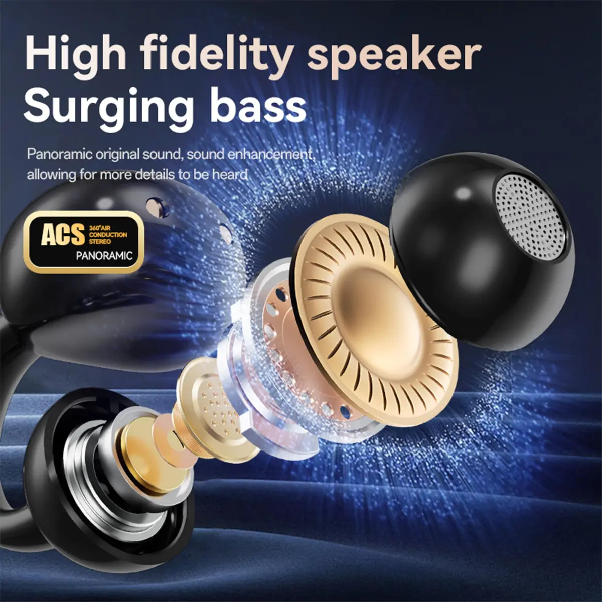 MAcnas Open Ear Clip Headphones Wireless Earbuds Bluetooth 6.0 Sports Earphones with LED Touch Screen Waterproof in Ear for Pad Tablet Laptop Android/iOS (Black) - view 4