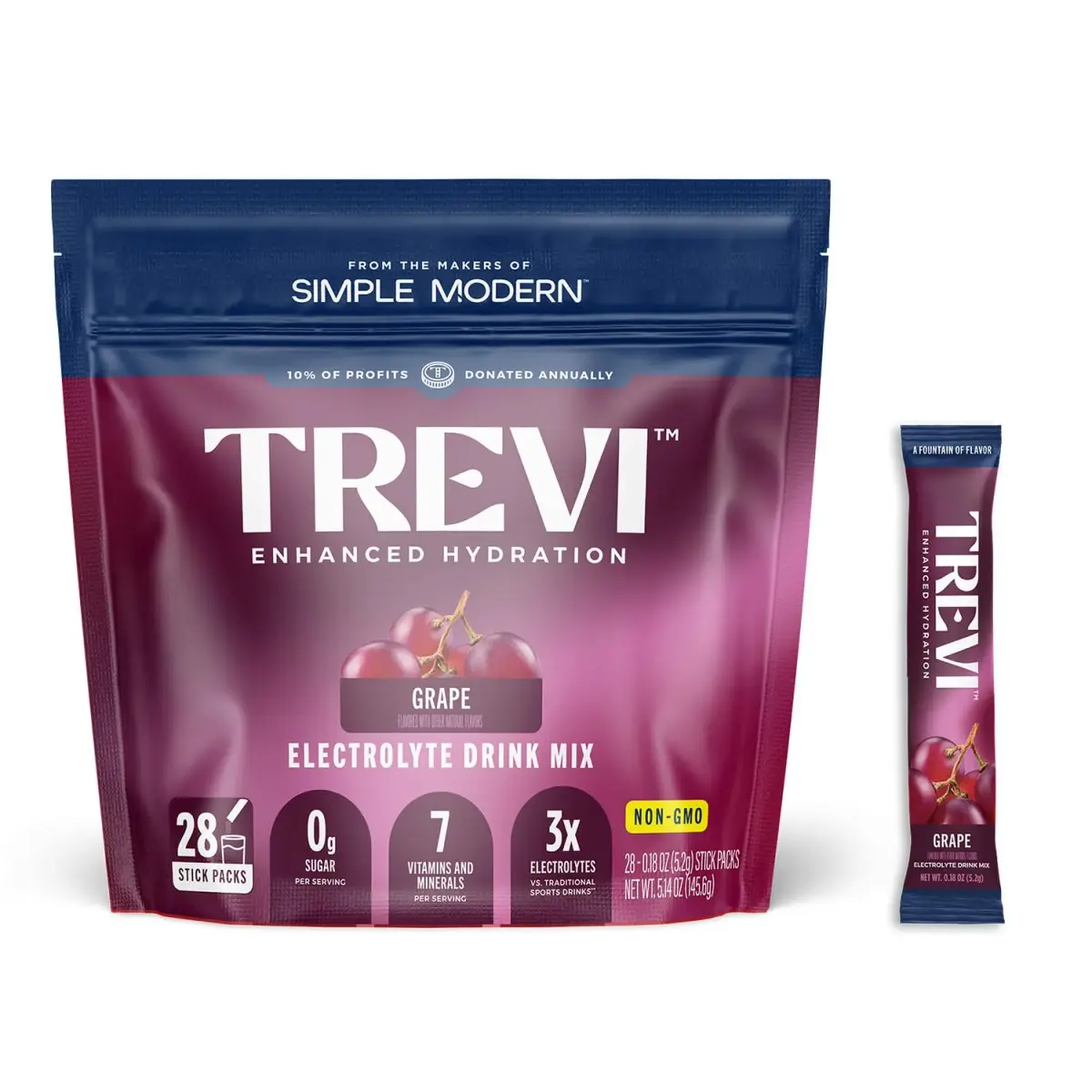 TREVI Everyday Sugar Free Electrolytes Drink Mix Hydration Powder Packets 28 Count Grape | Essential Hydration with 3x Electrolytes - main product image
