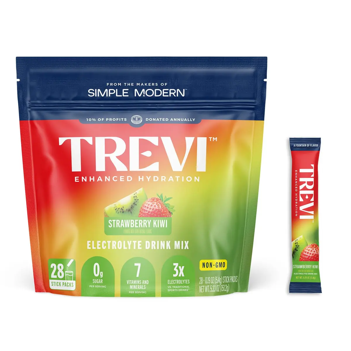 TREVI Electrolytes Powder Packets Strawberry Kiwi 28 Servings | Sugar-Free Hydration with 3x Electrolytes - main product image