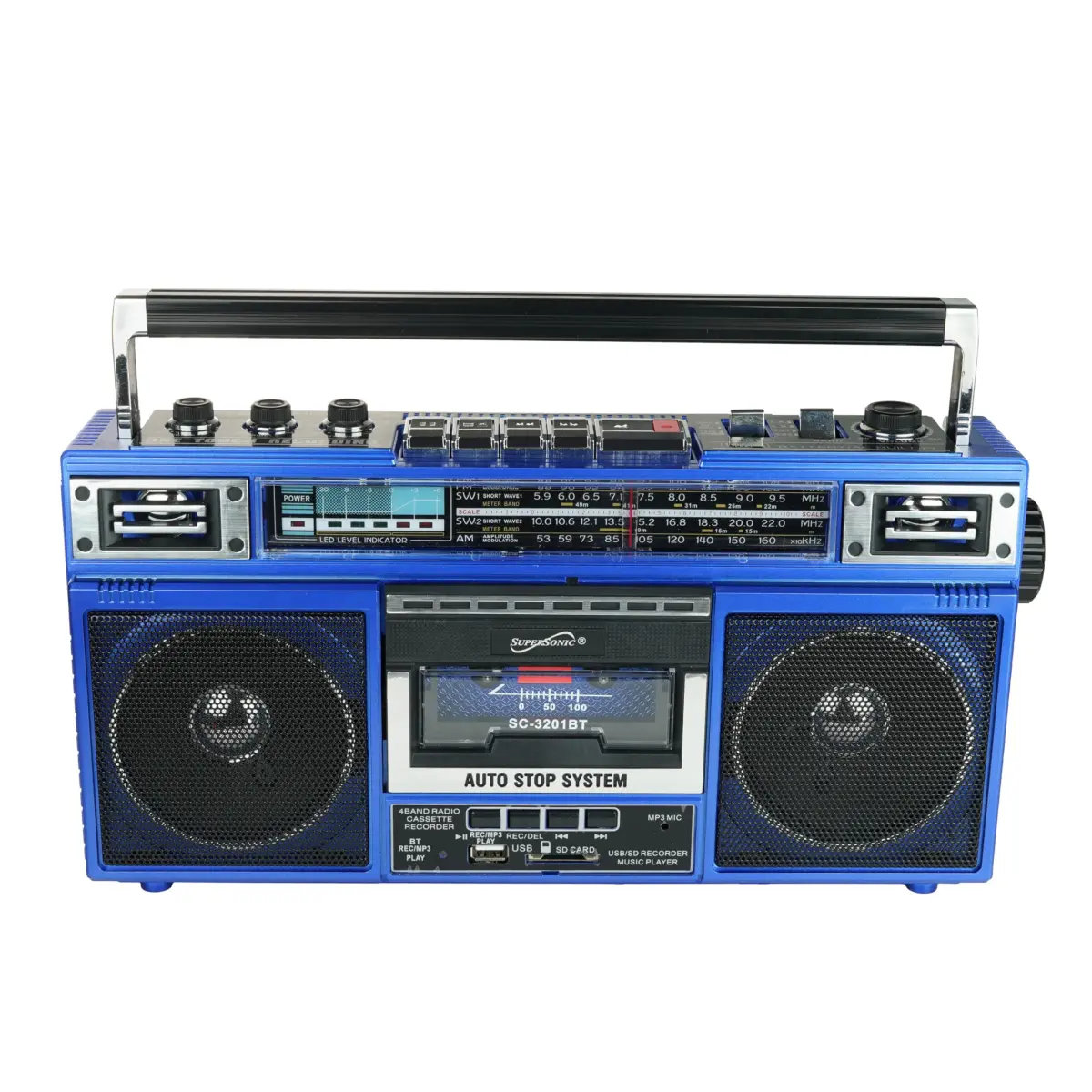 Supersonic SC-3201BT Bluetooth Boombox Cassette Player with AM/FM/SW Radio, USB, SD Card & MP3 Playback (Blue) - view 3