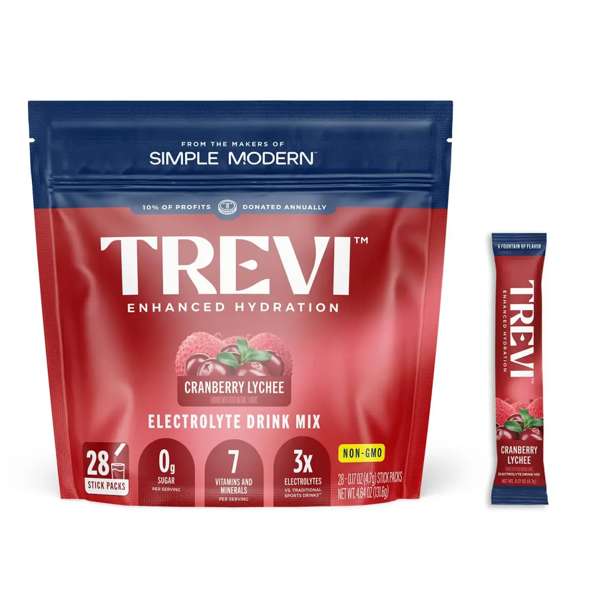 TREVI Electrolytes Powder Packets Sugar Free Hydration Cranberry Lychee 28 Servings | Hydrating with Vitamins & Minerals - main product image