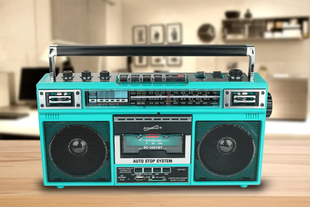 Supersonic SC-3201BT Teal Retro Cassette Boombox | Bluetooth, AM/FM/SW Radio, MP3, USB, SD Card, 3-Band EQ, 1.8 kg (3.85 lb) - view 2