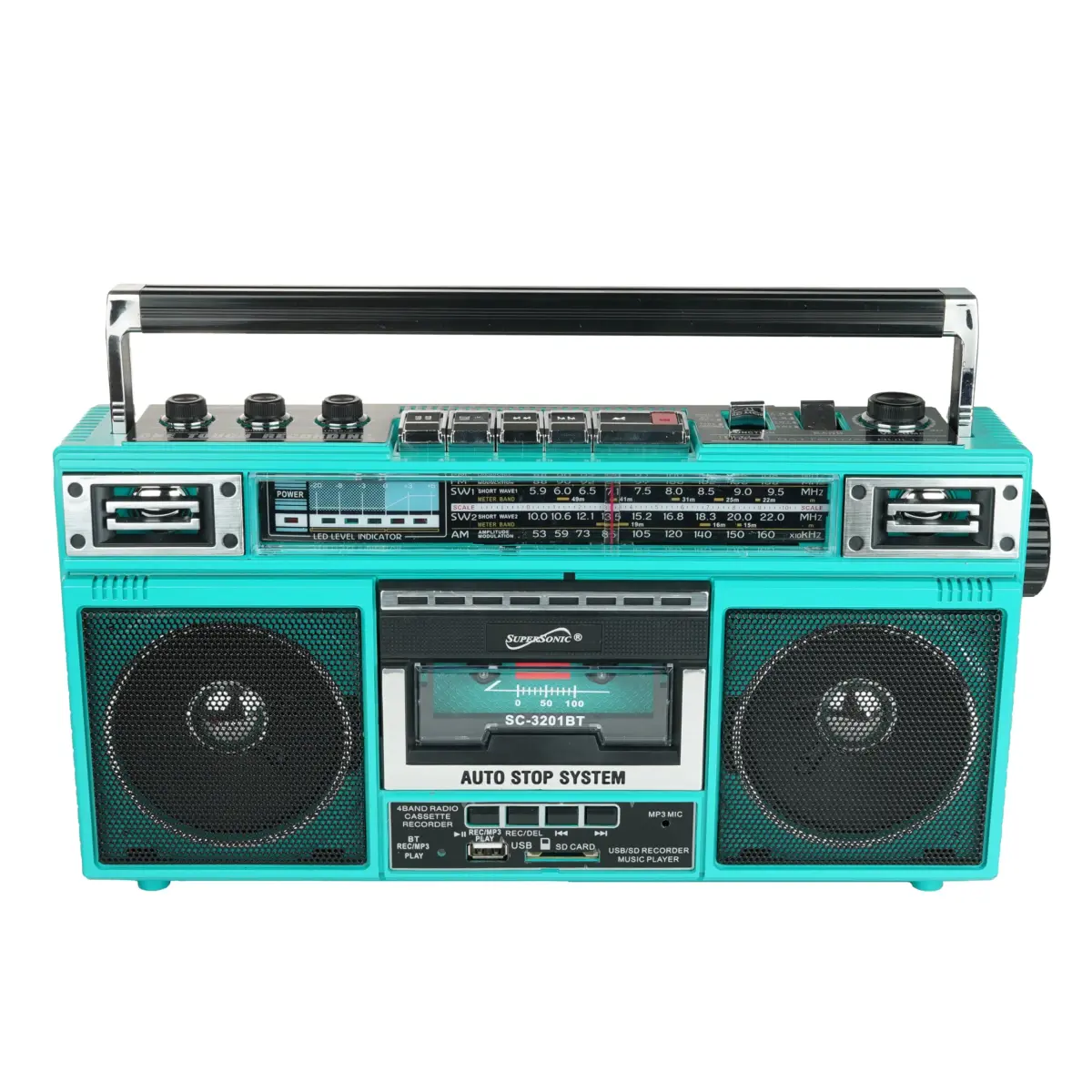 Supersonic SC-3201BT Teal Retro Cassette Boombox | Bluetooth, AM/FM/SW Radio, MP3, USB, SD Card, 3-Band EQ, 1.8 kg (3.85 lb) - view 3