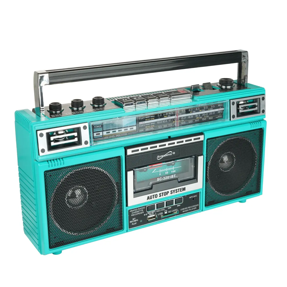 Supersonic SC-3201BT Teal Retro Cassette Boombox | Bluetooth, AM/FM/SW Radio, MP3, USB, SD Card, 3-Band EQ, 1.8 kg (3.85 lb) - view 4