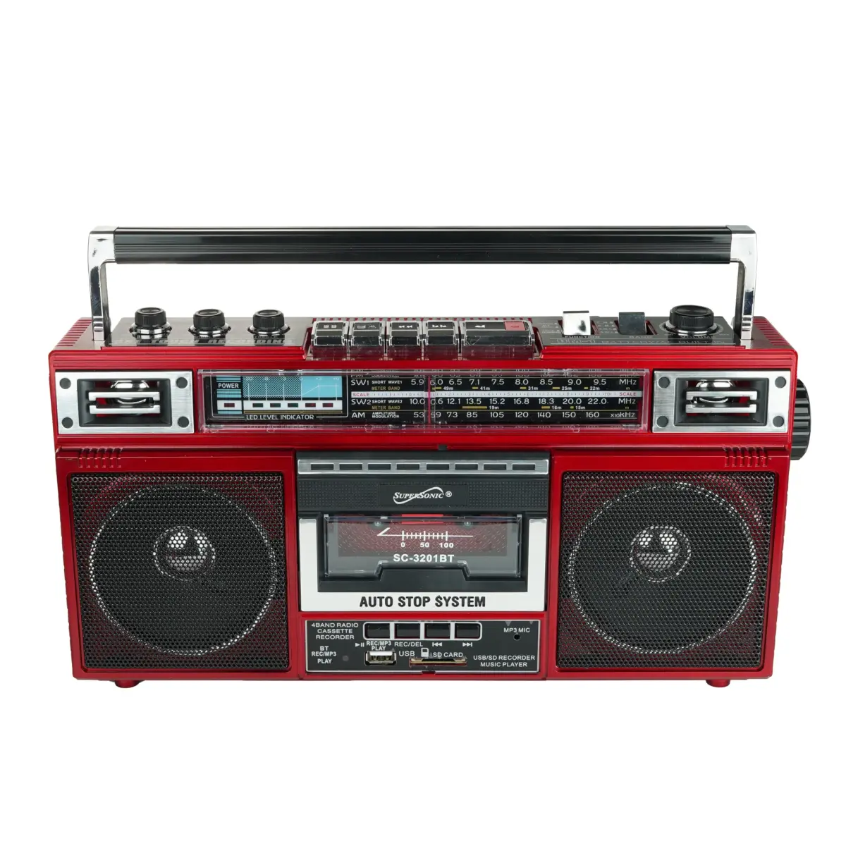 Supersonic SC-3201BT Retro Boombox with Bluetooth, Cassette Player & MP3 Playback - Red - view 3