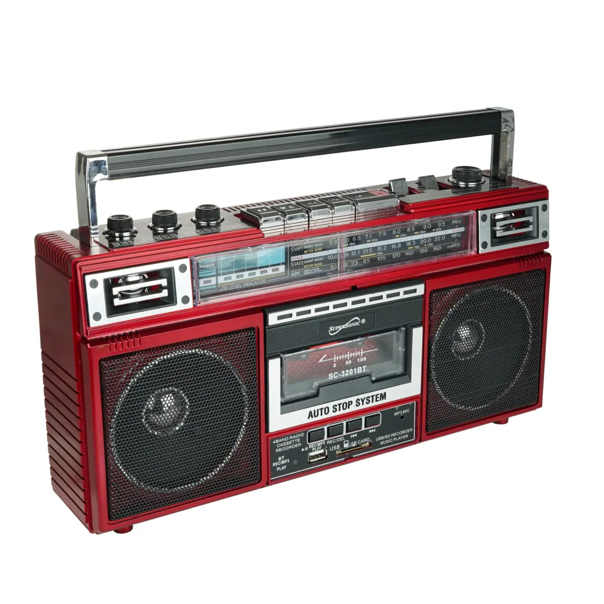 Supersonic SC-3201BT Retro Boombox with Bluetooth, Cassette Player & MP3 Playback - Red - view 4