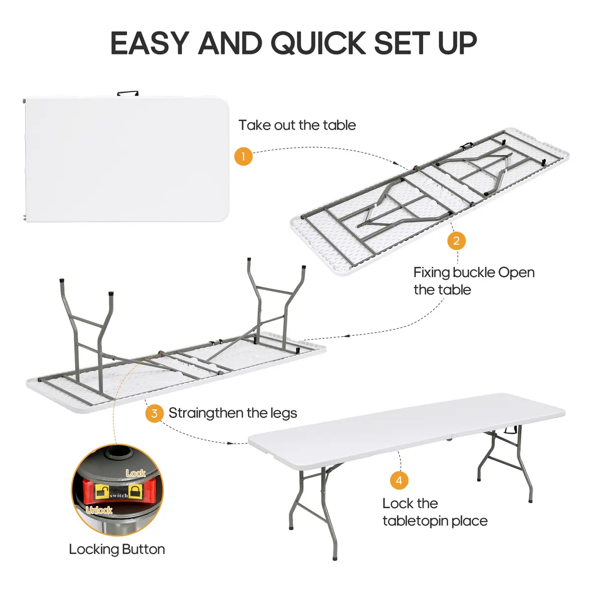 LUCKPRO 8Ft Foldable Table Impact-Resistant Waterproof Resin Surface, Steel Frame, Safety Locks, Indoor & Outdoor Use, White, 8FT | Versatile & Portable - view 8