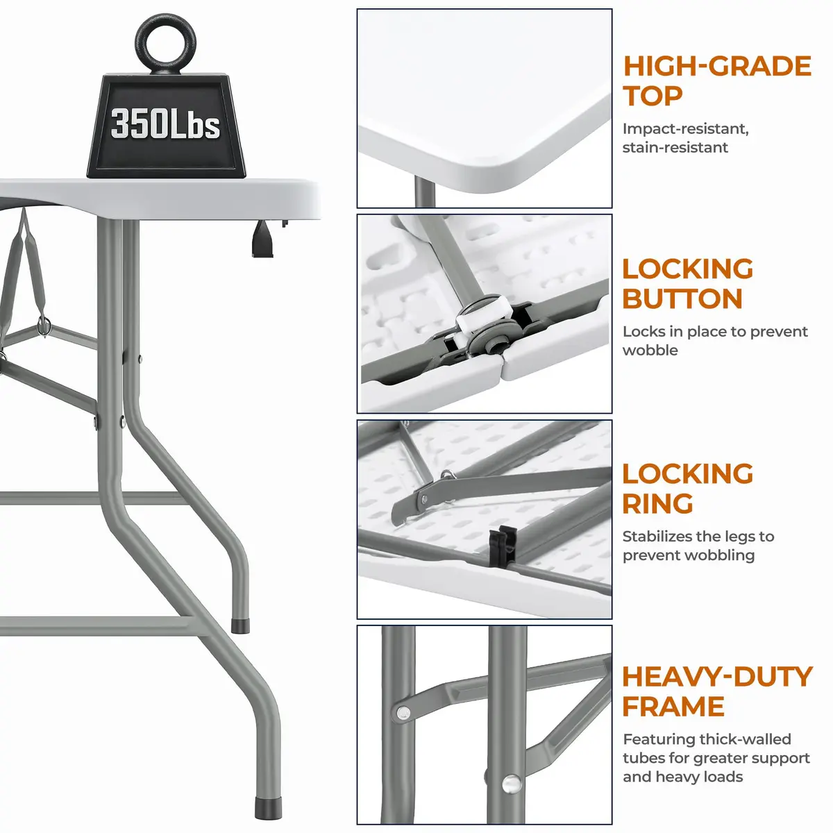 LUCKPRO 8Ft Foldable Table Impact-Resistant Waterproof Resin Surface, Steel Frame, Safety Locks, Indoor & Outdoor Use, White, 8FT | Versatile & Portable - view 3