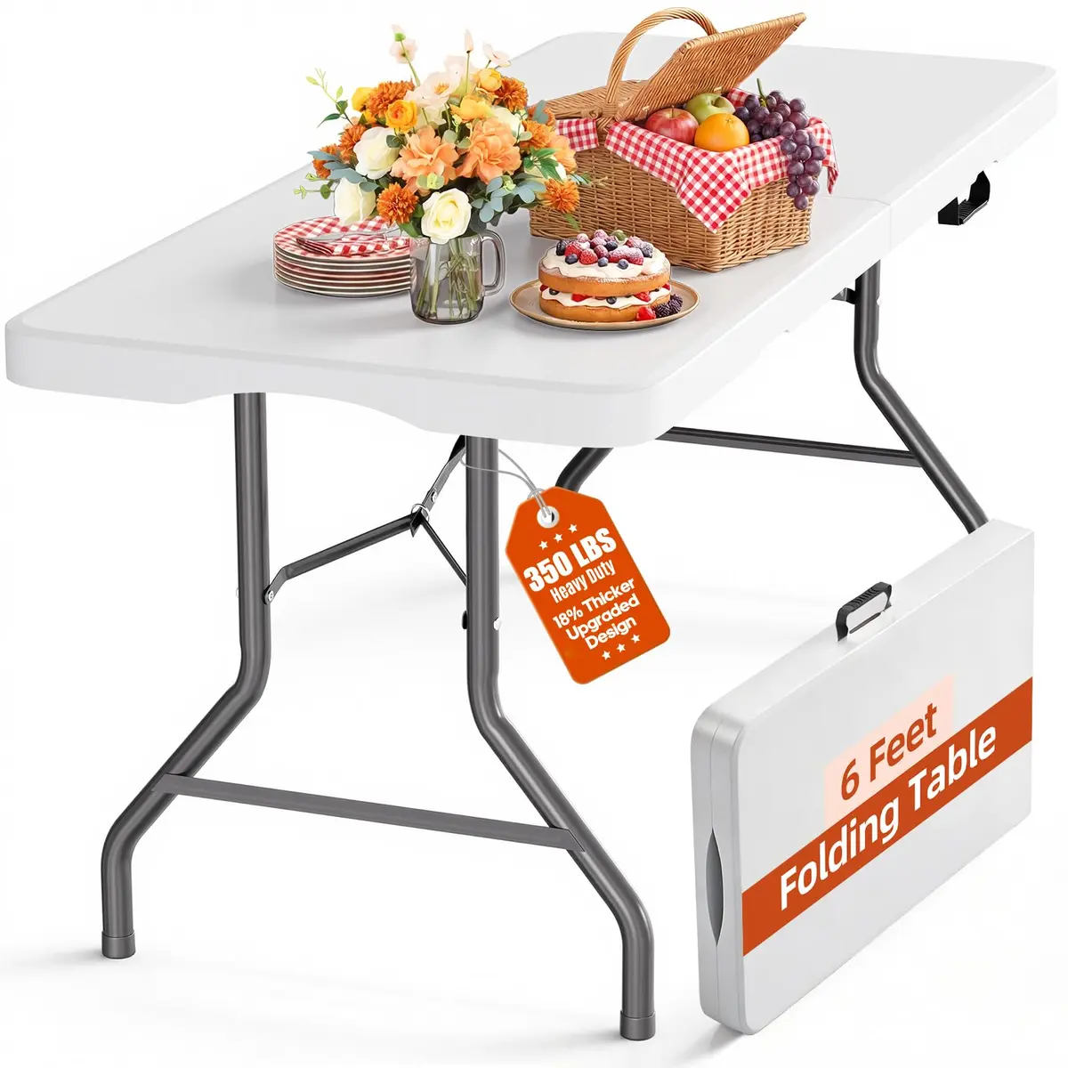 LUCKPRO 6ft Folding Table Heavy Duty 350 LBS Capacity Waterproof HDPE Top & Steel Frame | Portable Indoor Outdoor - main product image