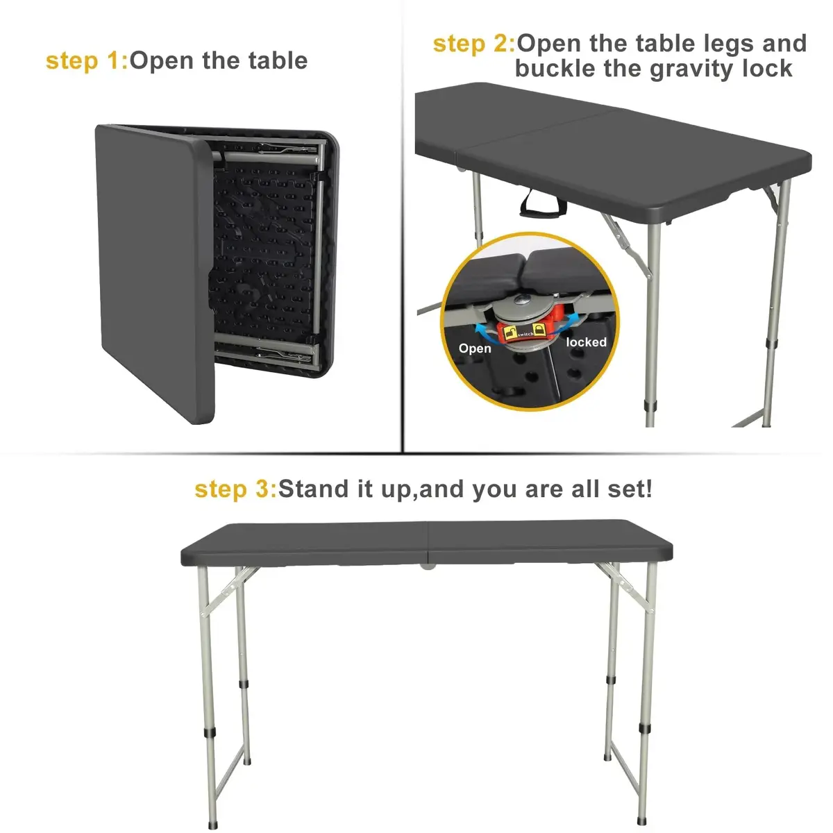 LUCKPRO 4ft Folding Table Heavy Duty | Portable, Black, 48x24in, Indoor & Outdoor Use - view 5