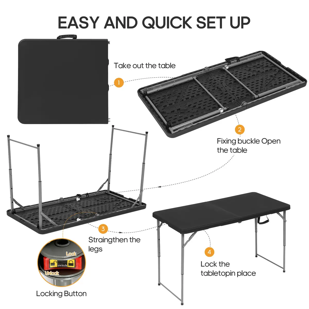 LUCKPRO 4ft Folding Table Heavy Duty | Portable, Black, 48x24in, Indoor & Outdoor Use - view 8