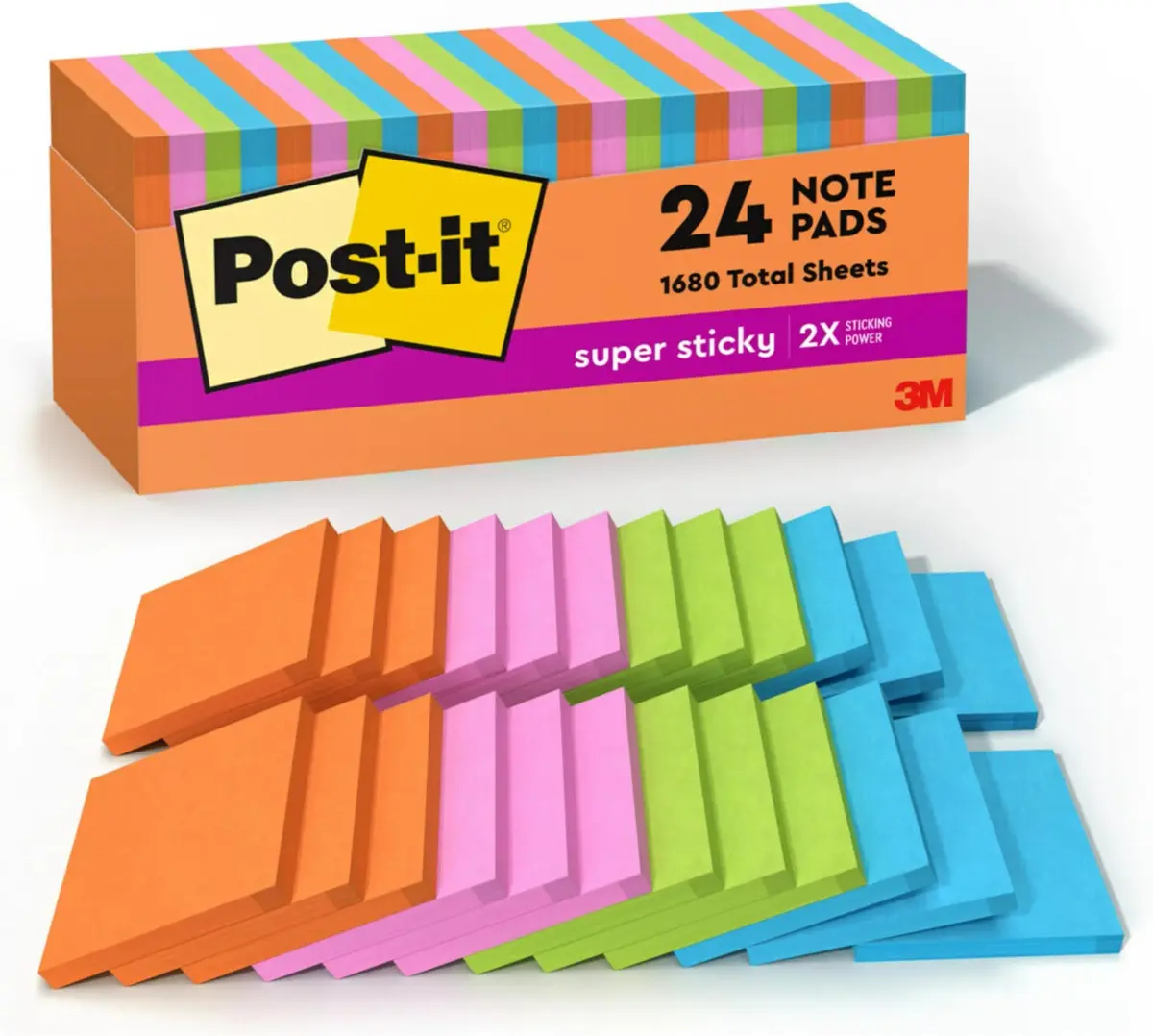 Post-it Super Sticky Notes, 3 x 3 in, Energy Boost Collection, 24 Pads (192 Total Sheets) | 2X Sticking Power - main product image