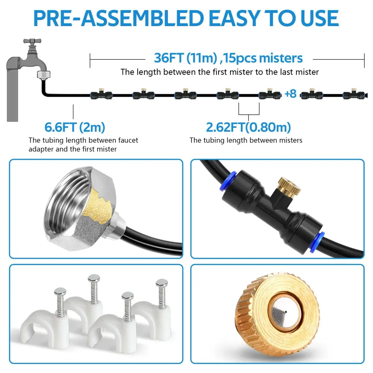 HOMENOTE Misting Cooling System Kit 42FT (13M) | 15 Brass Nozzles & 3/4" Adapter, Patio Mister for Cooling & Watering - view 2
