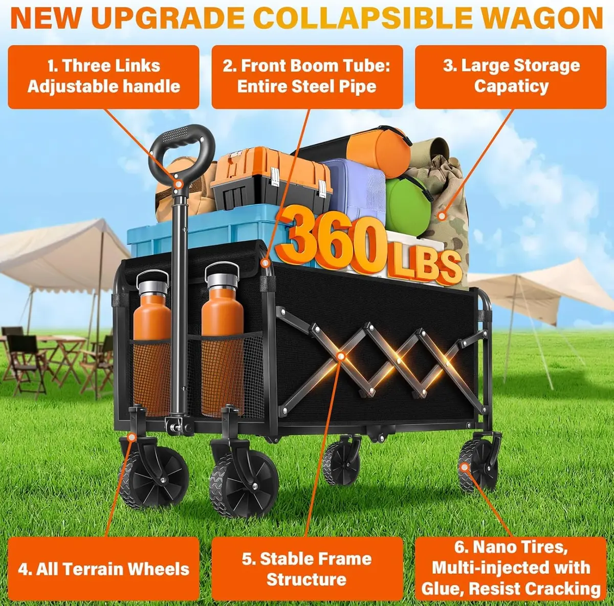 JINIHFW Utility Cart Wagon 360LBS Foldable, Black | Portable Outdoor Folding Wagon with Wheels - view 8