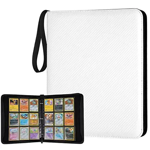 GERMUN 3 Ring 9 Pocket Zipper Card Binder, 720 Double Sided Standard PU Trading Card Album Folder (Carbon White, 40 Pages) - main product image