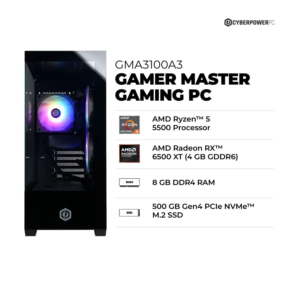 CyberPowerPC Gaming PC, AMD Ryzen 5 5500, Radeon RX 6500 XT 4GB | High-Performance Gaming Desktop - view 2