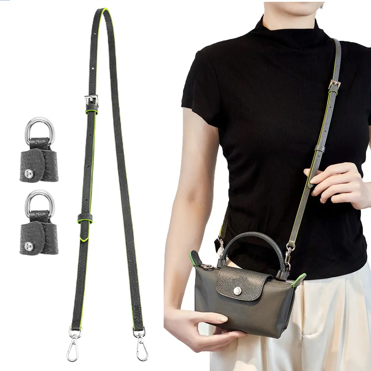 KIYOMIL Genuine Leather Strap Replacement for xs MINI Pouch, Adjustable 94-124cm | Graphite Grey-Silver - view 2