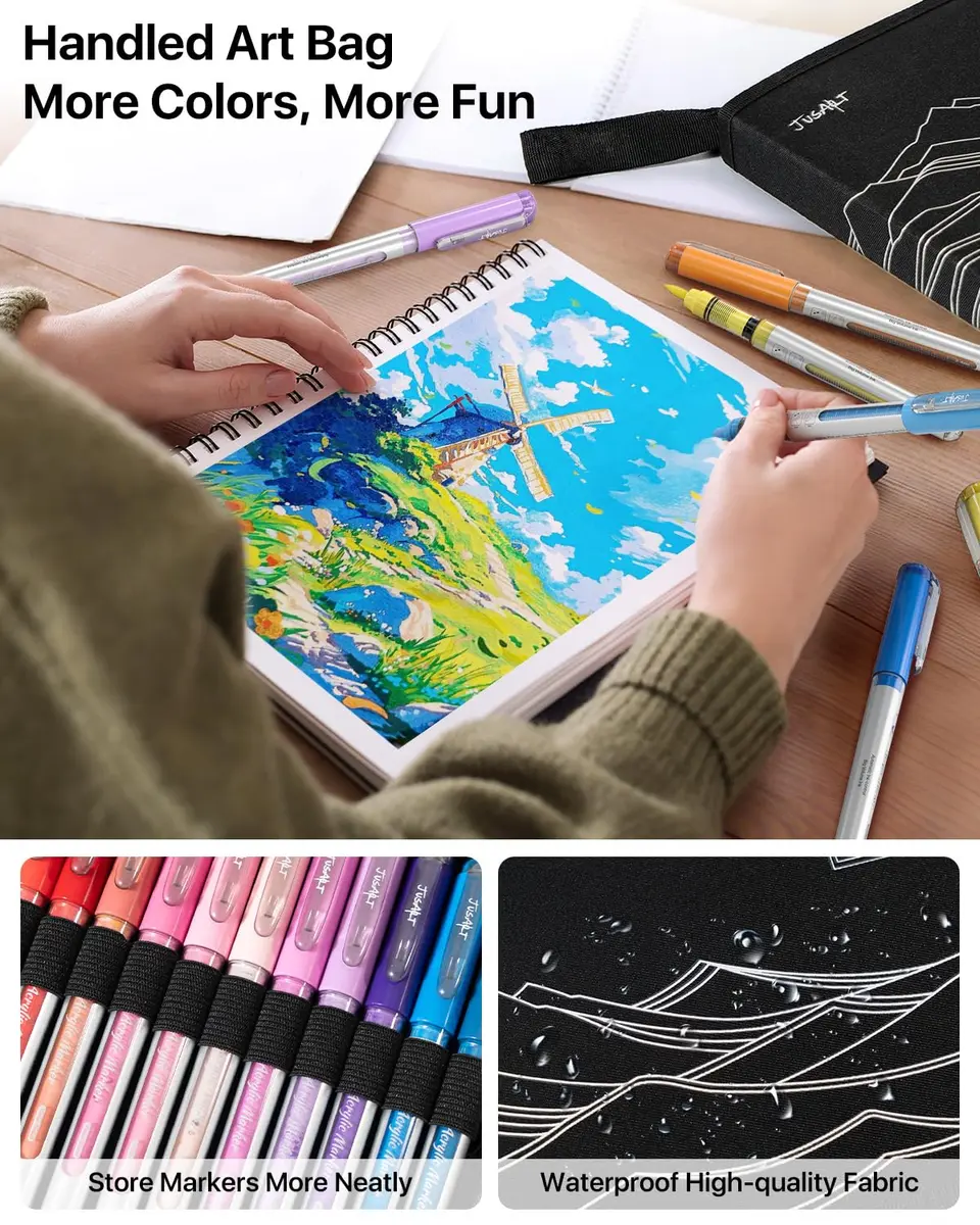 JusArt 48 Colors Acrylic Paint Markers Brush Tip, Automatic Ink Control, 1-8mm Lines | ASTM D4236 Certified - view 6