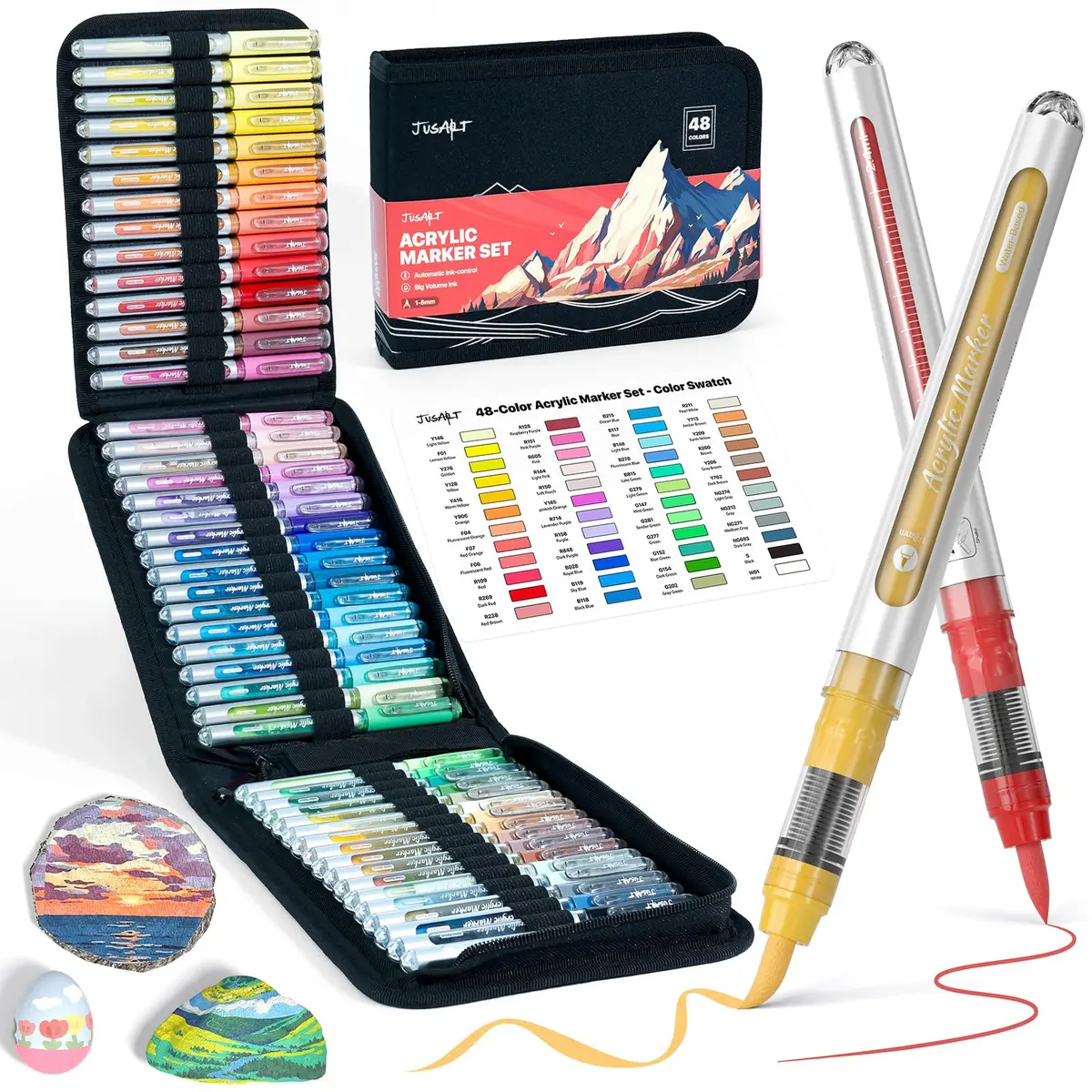 JusArt 48 Colors Acrylic Paint Markers Brush Tip, Automatic Ink Control, 1-8mm Lines | ASTM D4236 Certified - main product image