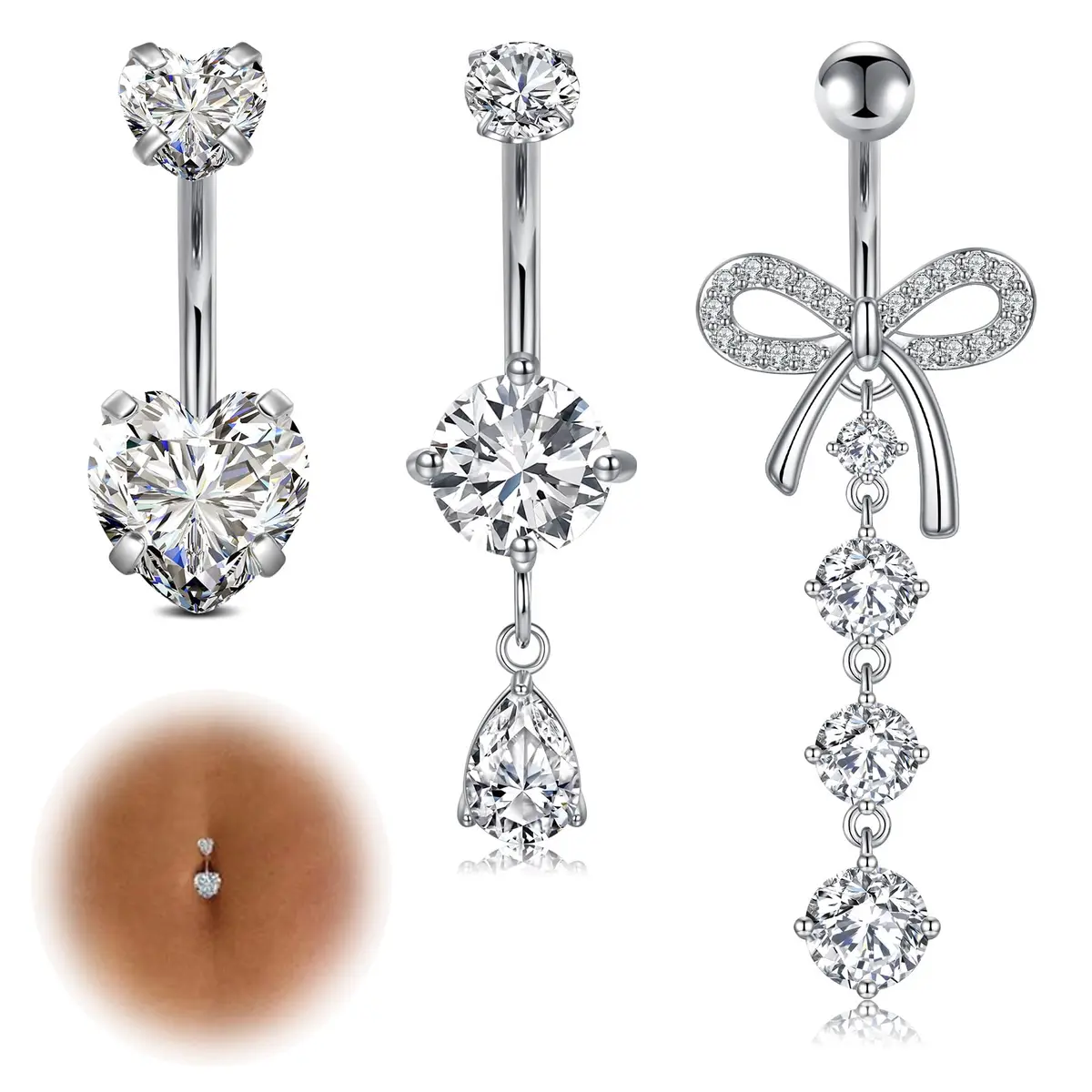 LAURITAMI 14G Belly Button Rings Surgical Steel Dangle Jewelry | Hypoallergenic & Dazzling CZ (14G, 10mm Bar) - main product image