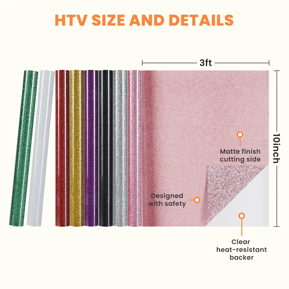 HTVRONT Glitter HTV Vinyl Bundle 8 Rolls 10" x 3FT | SGS Certified Heat Transfer Vinyl for T-Shirts - view 7