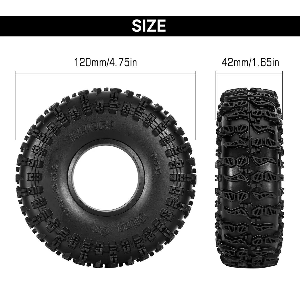 INJORA 1.9" Cling On Tires 120×42mm for 1/10 RC Crawler | Super Soft & Sticky S5 Compound - view 5