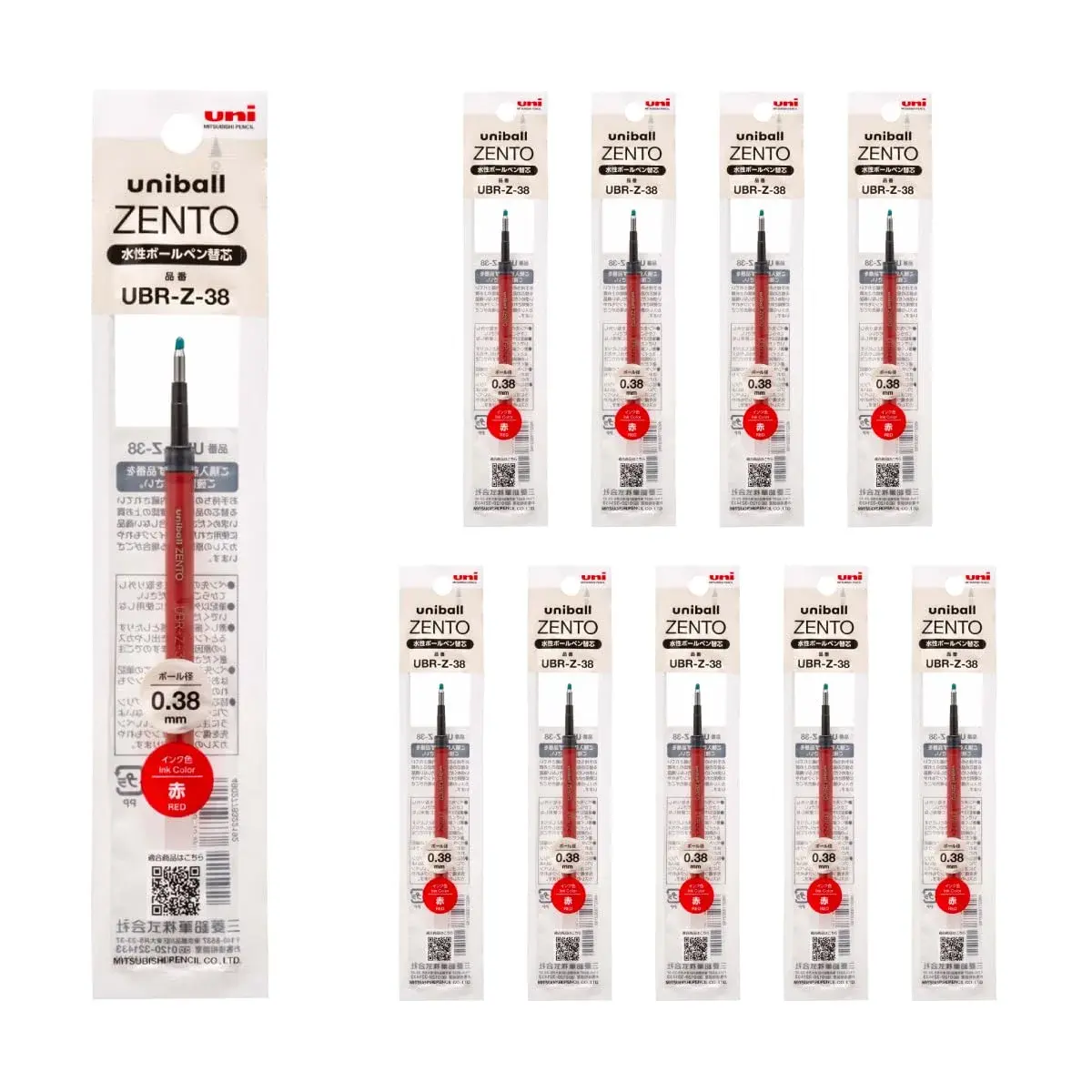 uniball ZENTO Water-Based Ink Refill UBR-Z-38, 0.38mm Extra Fine Point, Red, Pack of 10 | Smooth Ink Flow - main product image