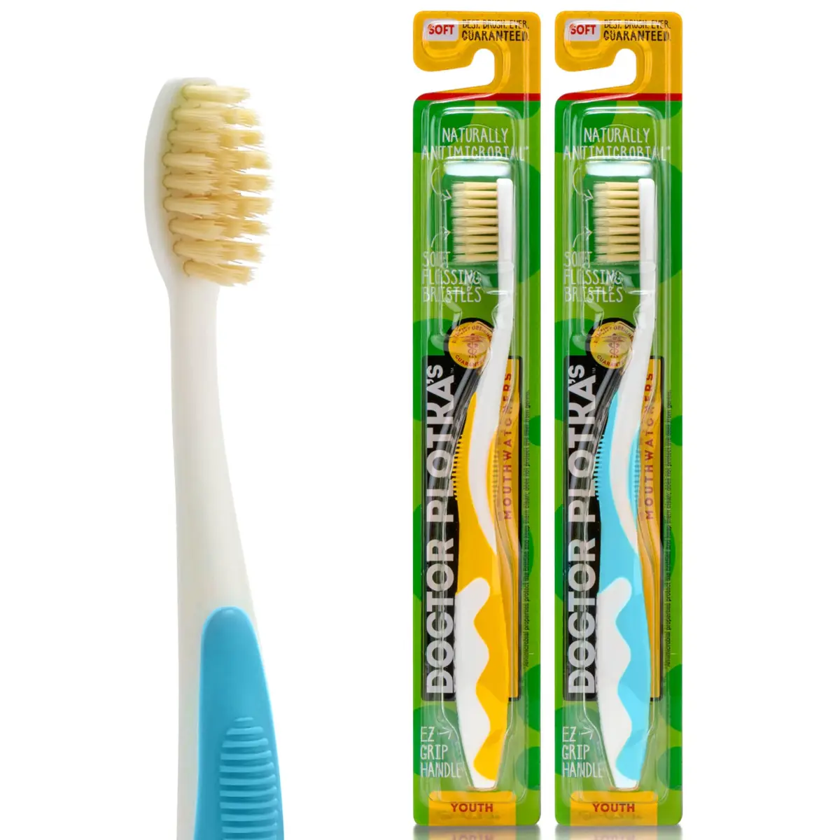 MOUTHWATCHERS Soft Flossing Toothbrush Kids 2-Pack Yellow and Blue | Dual-Layered Bristles for Deep Clean - main product image