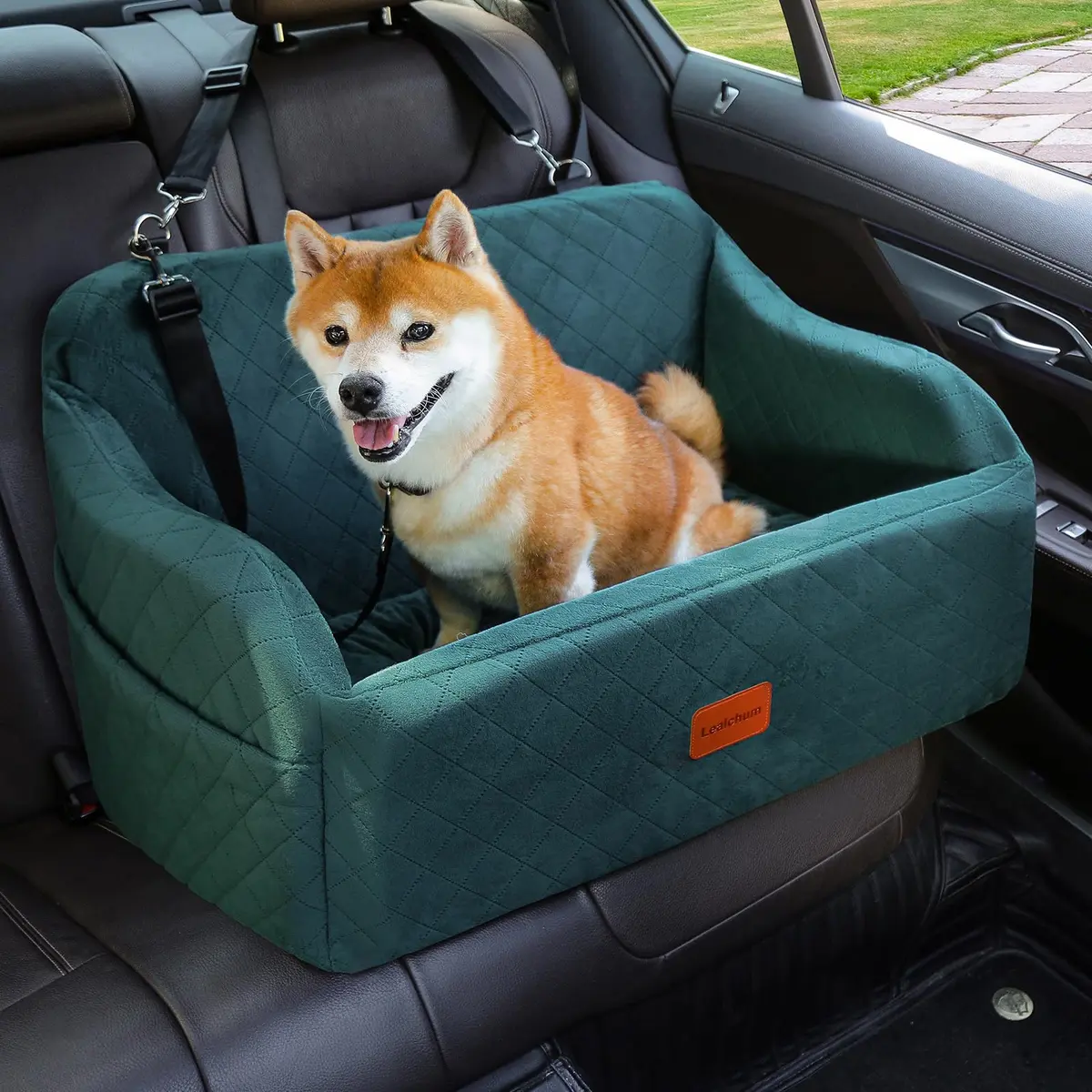 Lealchum Dog Car Seat for Medium/Large Dogs | Removable & Washable Pet Booster with Safety Leash (Large, Green) - main product image