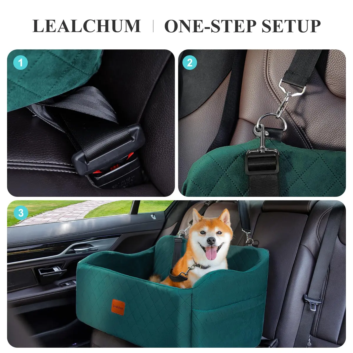 Lealchum Dog Car Seat for Medium/Large Dogs | Removable & Washable Pet Booster with Safety Leash (Large, Green) - view 5