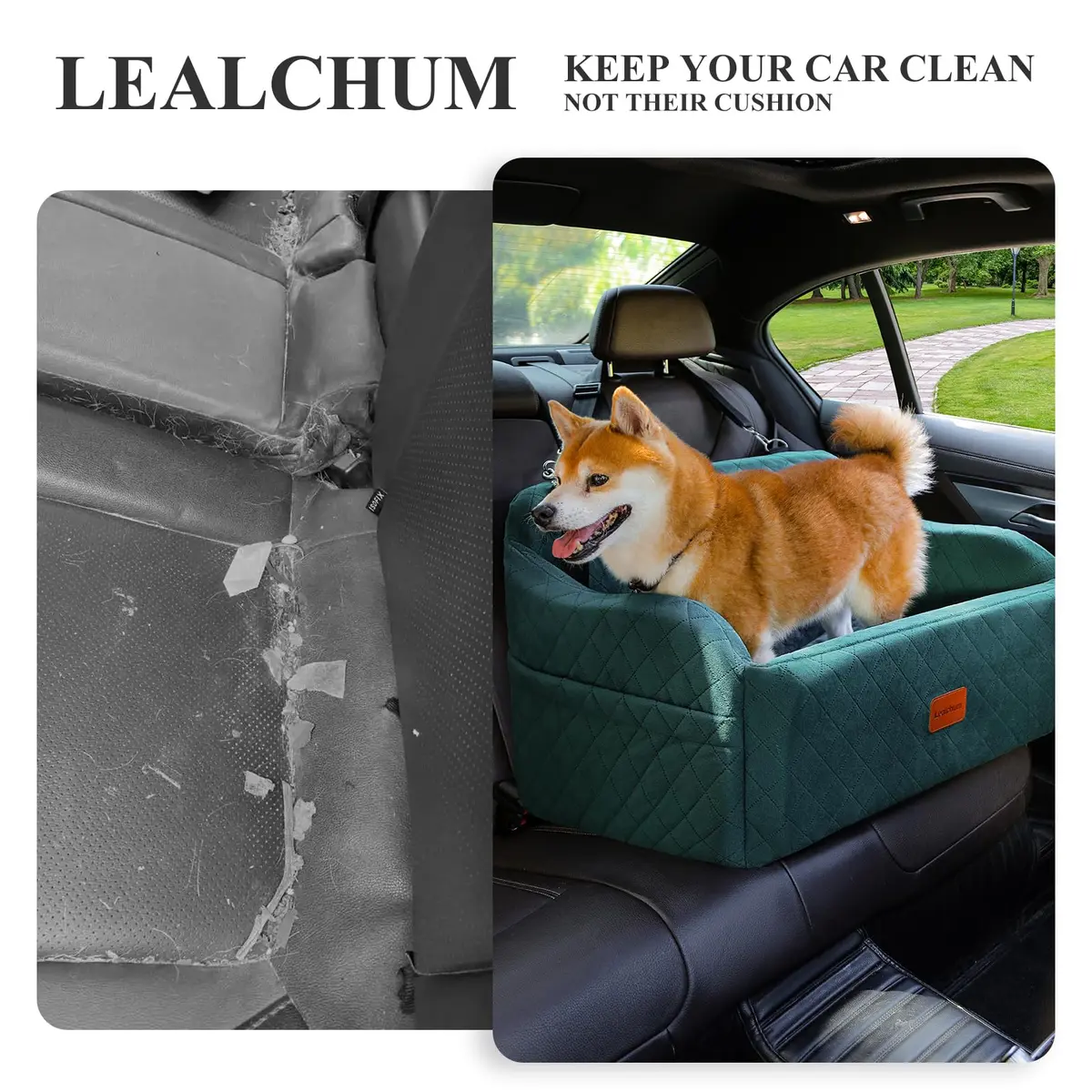 Lealchum Dog Car Seat for Medium/Large Dogs | Removable & Washable Pet Booster with Safety Leash (Large, Green) - view 6
