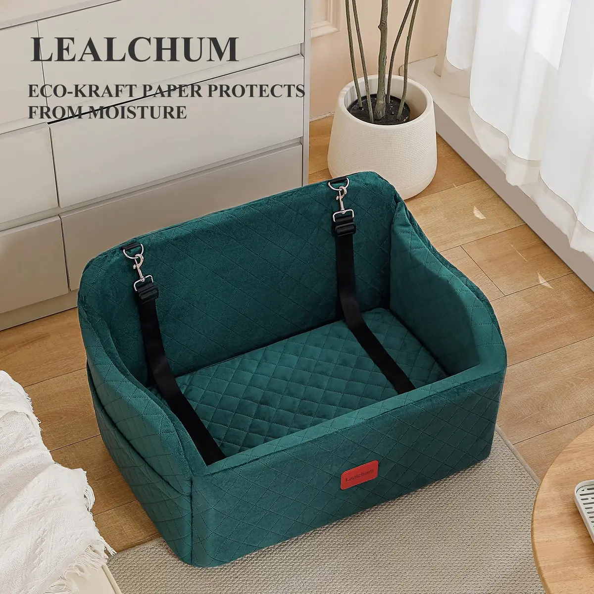 Lealchum Dog Car Seat for Medium/Large Dogs | Removable & Washable Pet Booster with Safety Leash (Large, Green) - view 8
