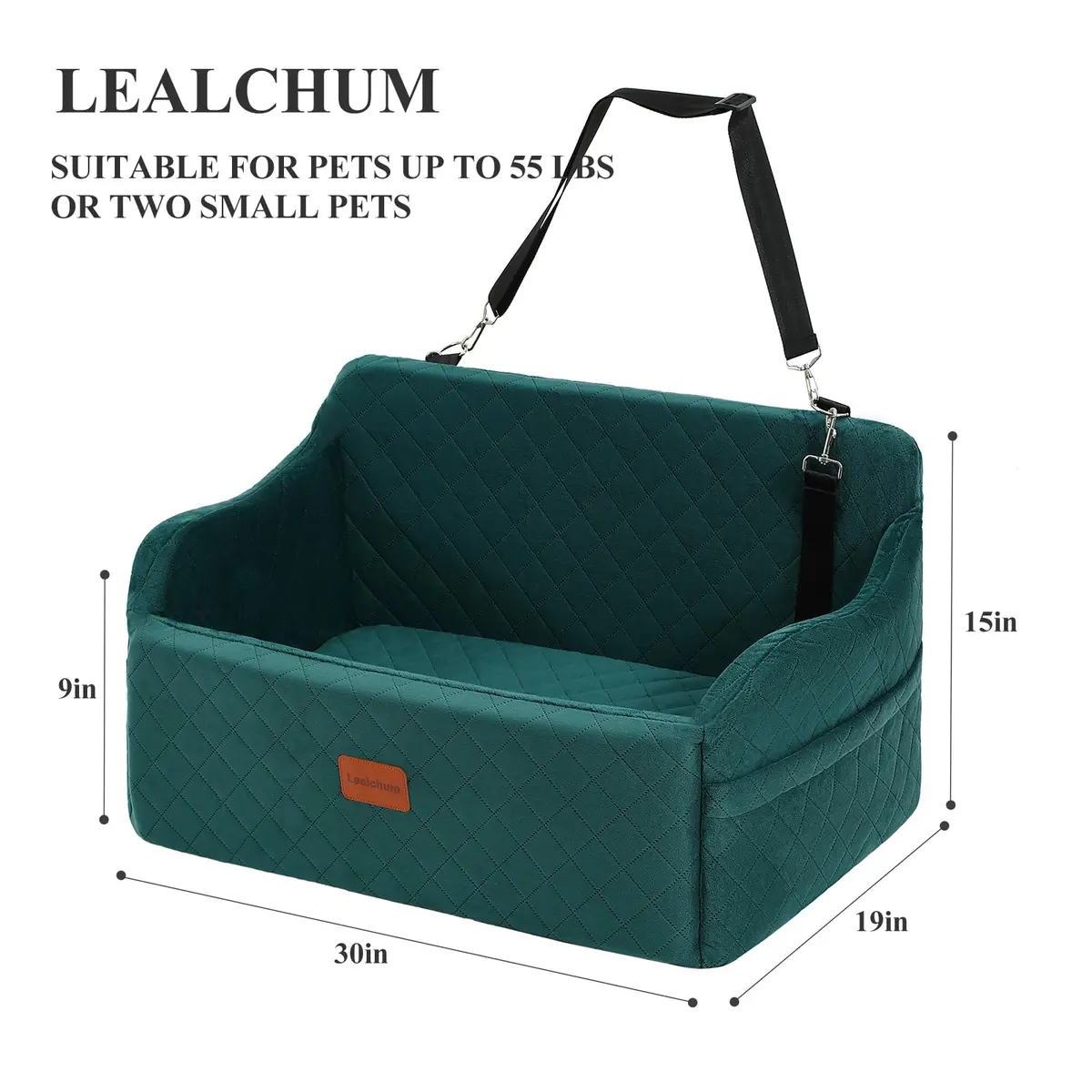 Lealchum Dog Car Seat for Medium/Large Dogs | Removable & Washable Pet Booster with Safety Leash (Large, Green) - view 2