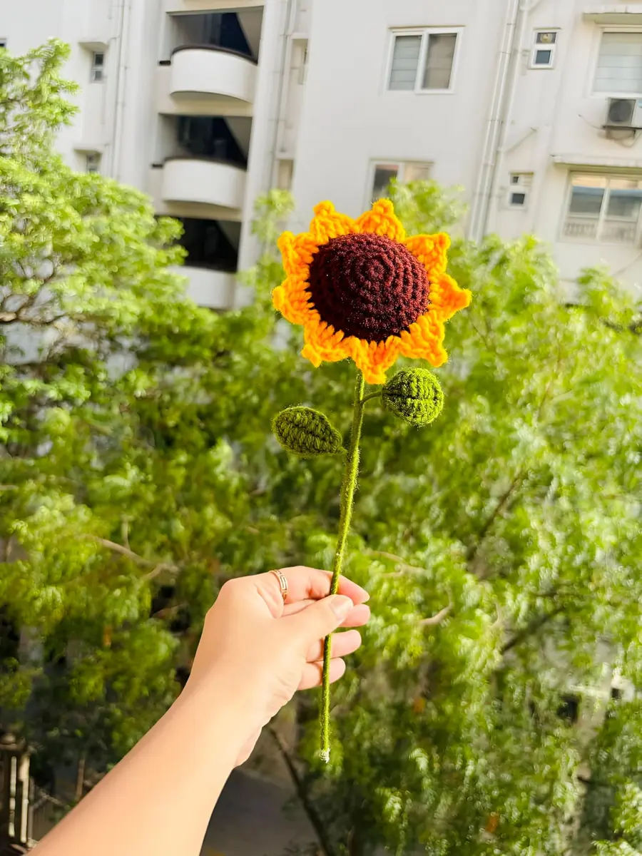 Divyakosh Handmade Crochet Sunflower Decor 20cm (8 Inch) | Vibrant Yellow & Green Artificial Flower - view 5