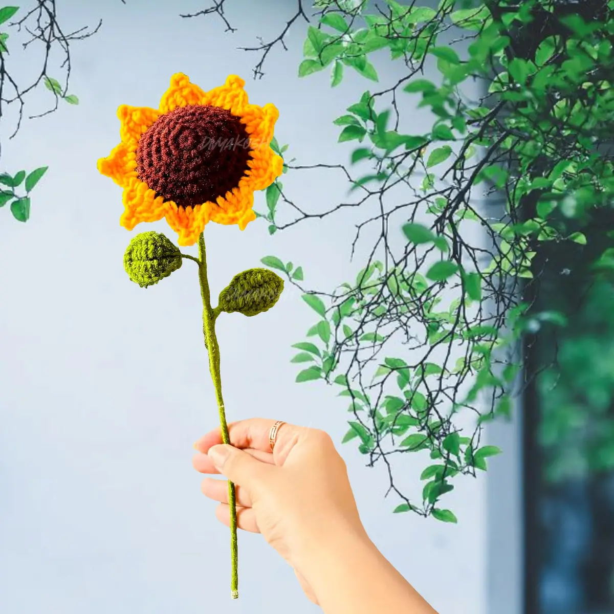 Divyakosh Handmade Crochet Sunflower Decor 20cm (8 Inch) | Vibrant Yellow & Green Artificial Flower - view 2