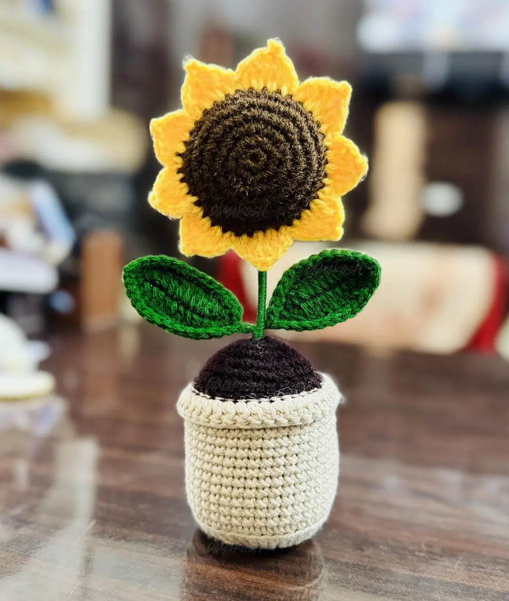 Divyakosh Handmade Crochet Sunflower Potted Plant 16.5cm (6.5in) | Hand-Woven Daisy Knitted Flower Decor - main product image